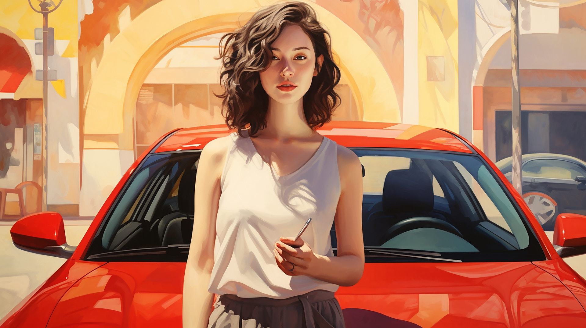 Schöne Frau steht vor dem roten Auto und hält einen Kugelschreiber in der Hand