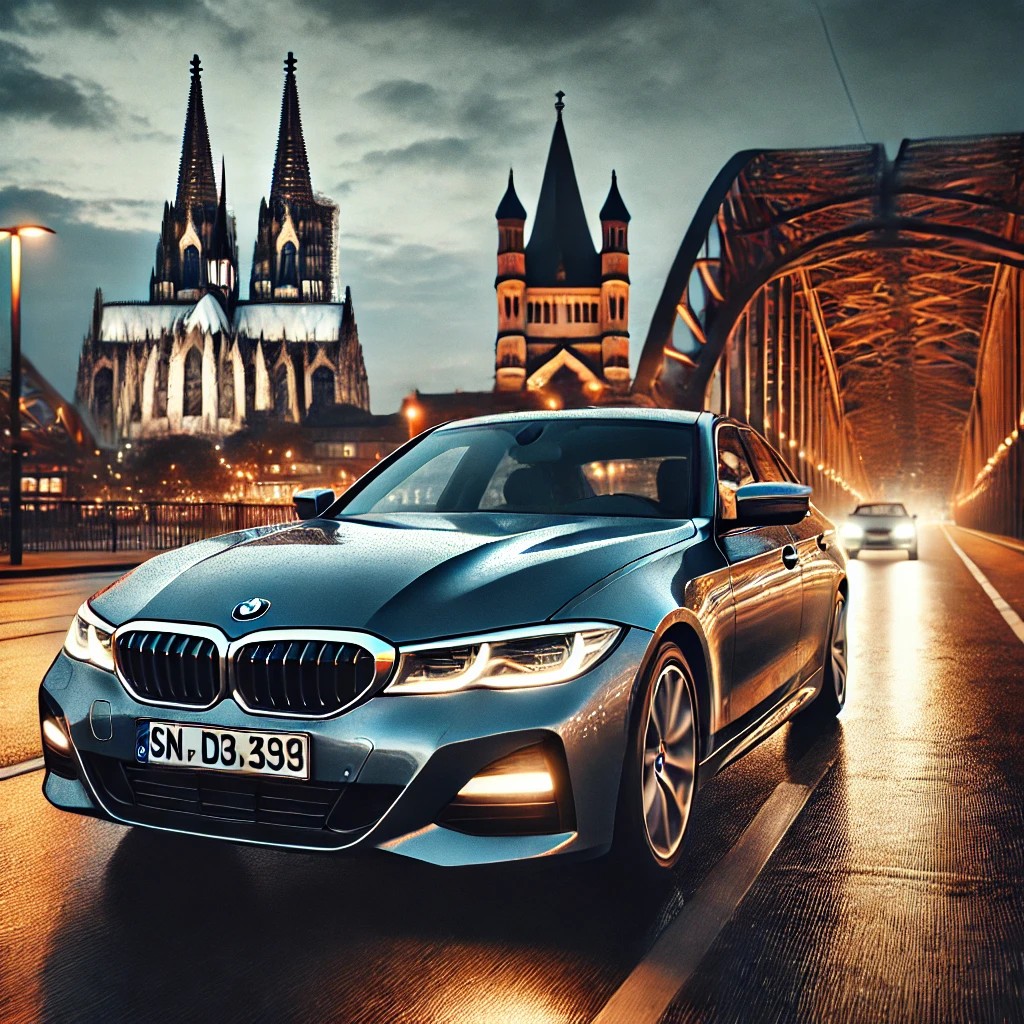 BMW 3er in Köln, mit dem Kölner Dom und der Hohenzollernbrücke im Hintergrund. 