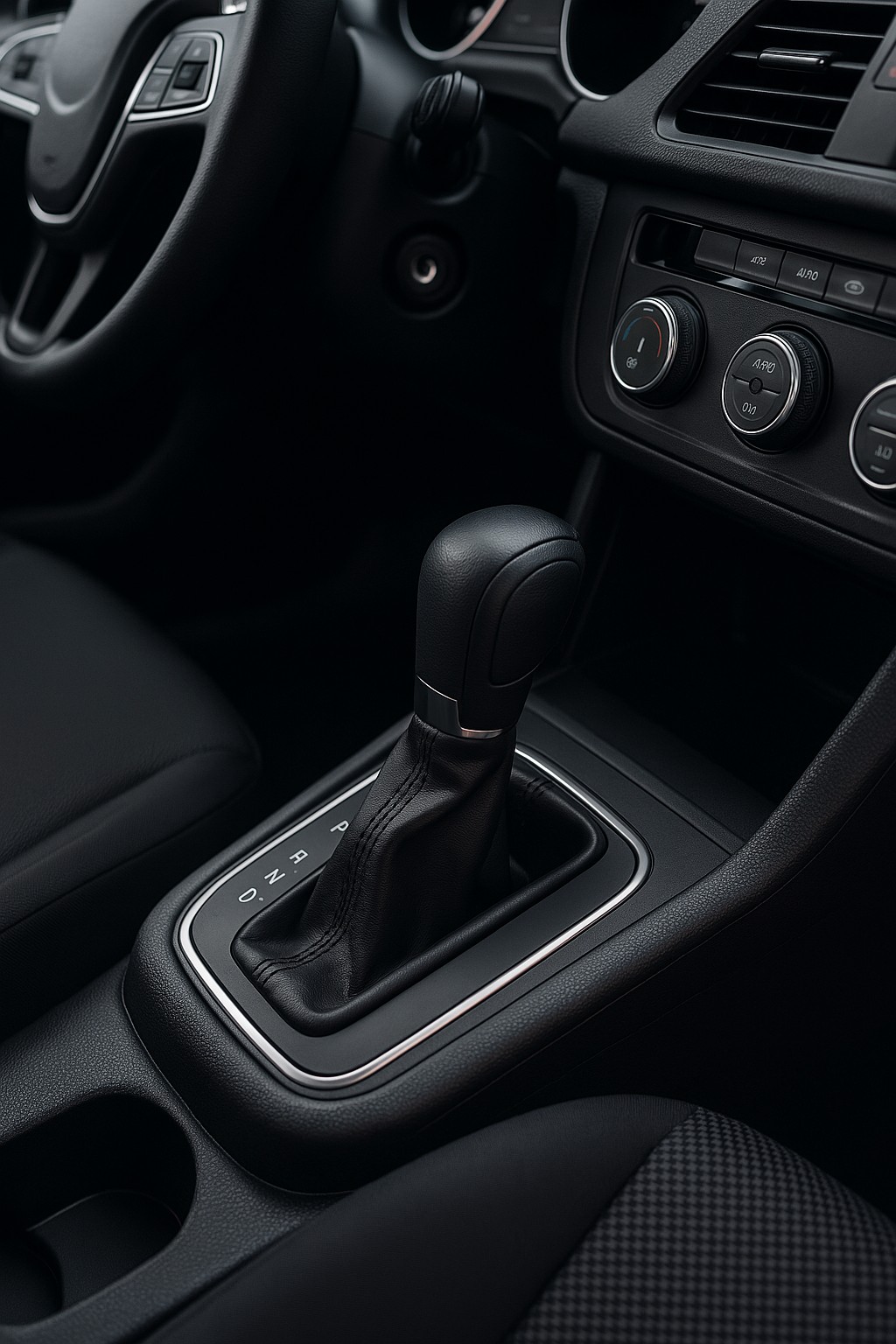 nnenansicht eines Fahrzeugs mit einem modernen Automatikgetriebe. Der Fokus liegt auf dem Schaltknauf des Automatikgetriebes, umgeben von stilvollem, schwarzem Leder und einer klaren Anordnung der Bedienelemente im Fahrzeug.