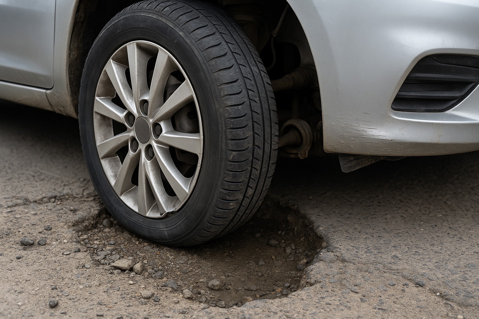 Nahaufnahme eines Autoreifens in einem tiefen Schlagloch mit sichtbaren Beschädigungen an Felge und Stoßstange auf rissiger Straße.
