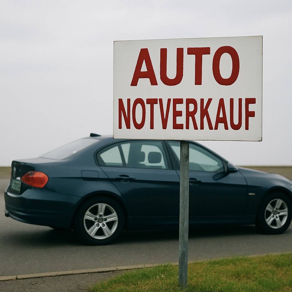 Symbolbild mit schlichtem Straßenszenerie und klarem „AUTO NOTVERKAUF“-Schild – ideal für Beiträge zum schnellen Autoverkauf.