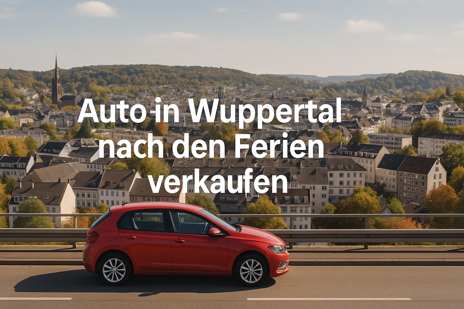 Panorama von Wuppertal mit rotem Auto im Vordergrund – ideal für Blogbeitrag zum Autoverkauf nach den Ferien.