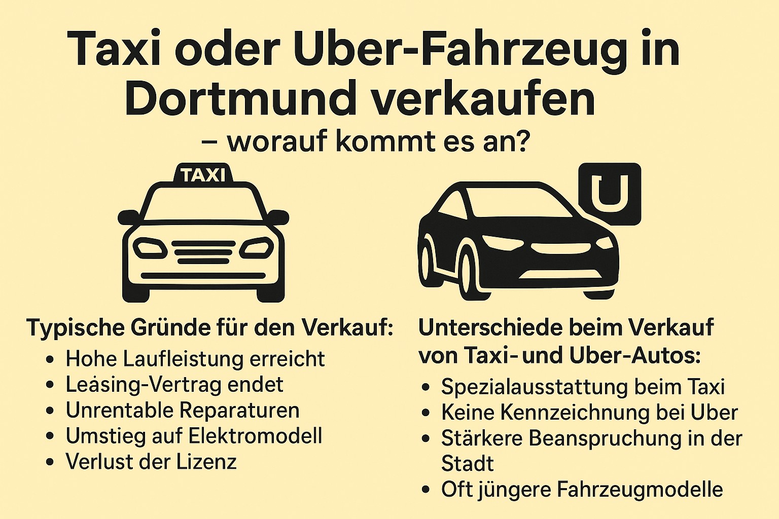Grafik zeigt Gründe und Unterschiede beim Verkauf von Taxi- und Uber-Fahrzeugen in Dortmund – kompakt und übersichtlich erklärt.