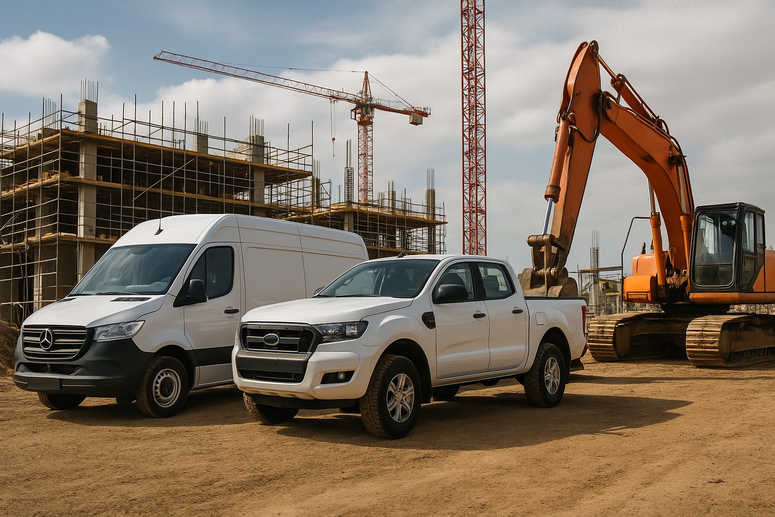 Baustelle in Essen mit Mercedes Sprinter, Ford Ranger und Bagger – typische Fahrzeuge im harten Baustelleneinsatz.