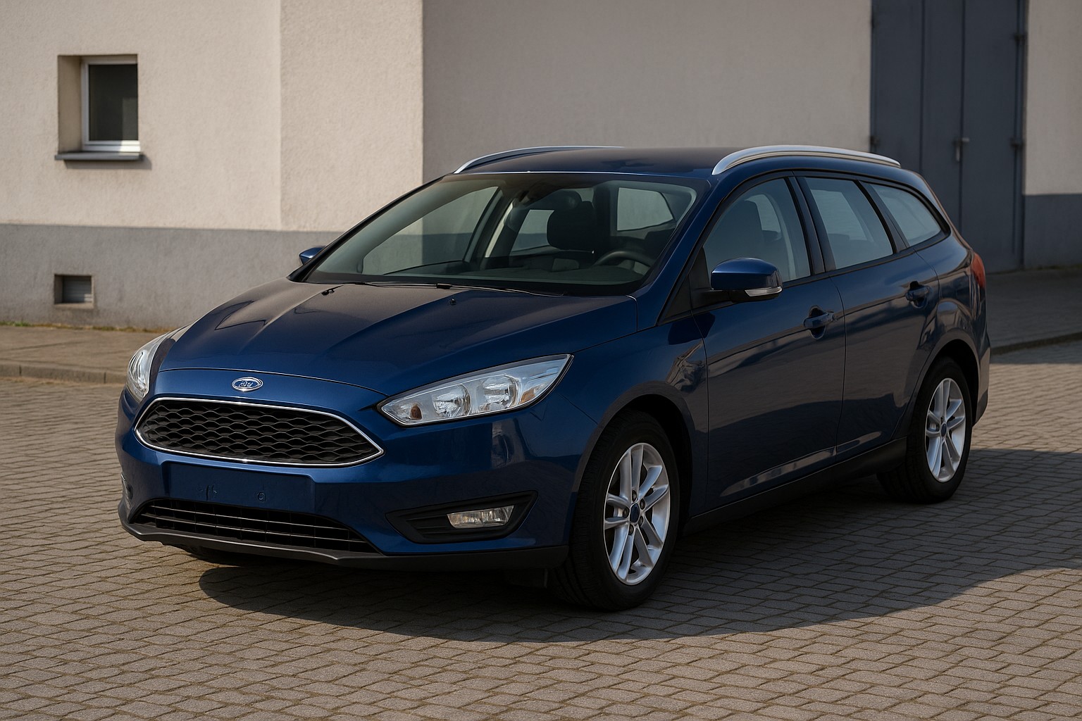 Blauer Ford Kombi geparkt auf einer Straße in Bochum bei Tageslicht.