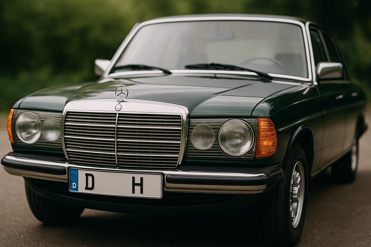 Klassischer Mercedes mit H-Kennzeichen, glänzendem Lack und Chromdetails – perfekt gepflegter Oldtimer vor grünem Naturhintergrund.