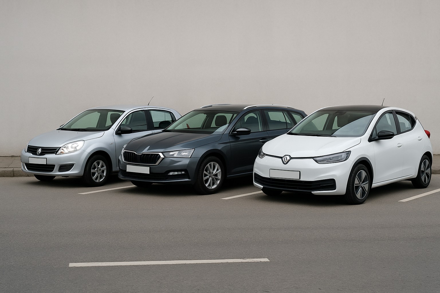Neutrales Vergleichsbild: Ein Kleinwagen, ein Familienkombi und ein Elektroauto nebeneinander geparkt – symbolisch für Benzin, Diesel und Elektro.