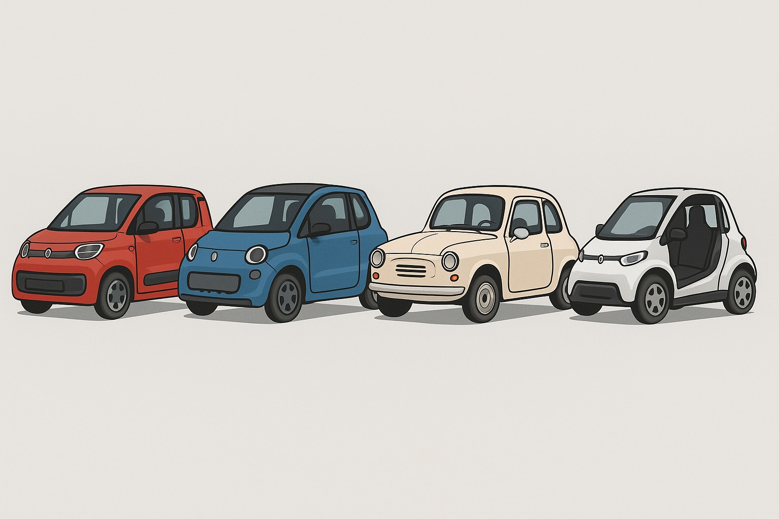 Illustration verschiedener Mopedautos/Mikroautos in modernem Design – kompakte Stadtfahrzeuge im Überblick.