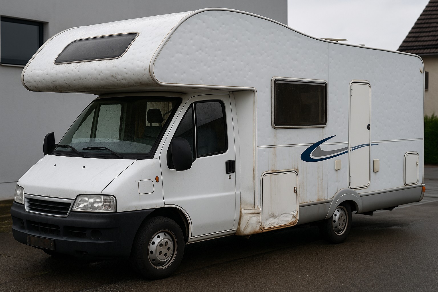 Wohnmobil mit deutlichen Hagel- und Wasserschäden, geparkt auf einem nassen Asphaltplatz bei trübem Wetter.
