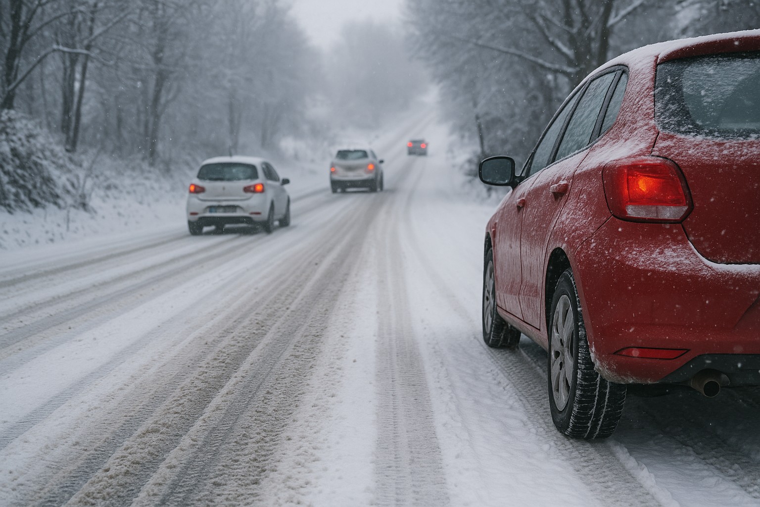 Autos auf schneebedeckter Bergstraße – Winterfahrt im Bergischen Land mit steilen Straßen und Glättegefahr.