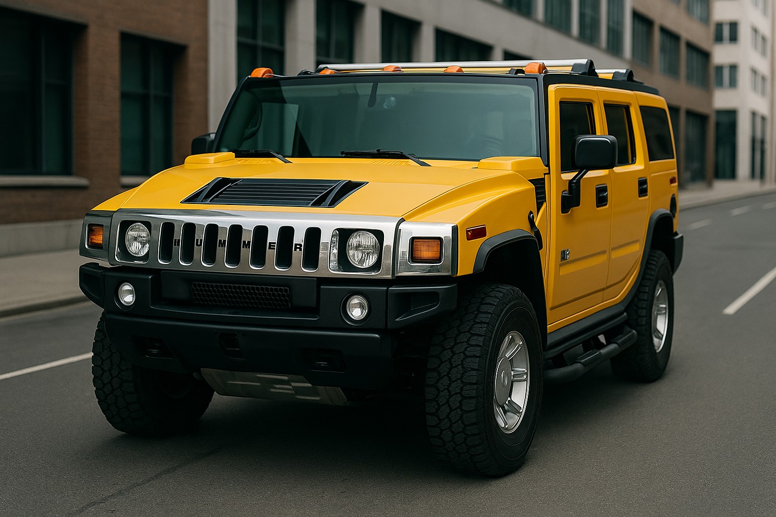 Moderner gelber Hummer H2 auf urbaner Straße – stark, auffällig und bereit zum Verkauf bei Autoankauf ADAM.