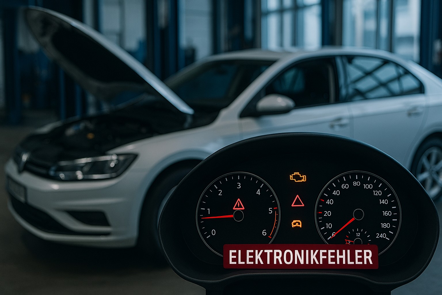 Nahaufnahme eines Auto-Cockpits mit Warnleuchten und der Anzeige „ELEKTRONIKFEHLER“ – im Hintergrund steht ein modernes Fahrzeug in der Werkstatt.
