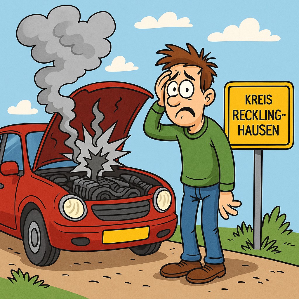 Ein lustiges Cartoon-Bild: Ein genervter Autofahrer steht neben seinem rauchenden Motor vor dem Ortsschild „Kreis Recklinghausen“ – perfekt zum Thema Motorschaden.