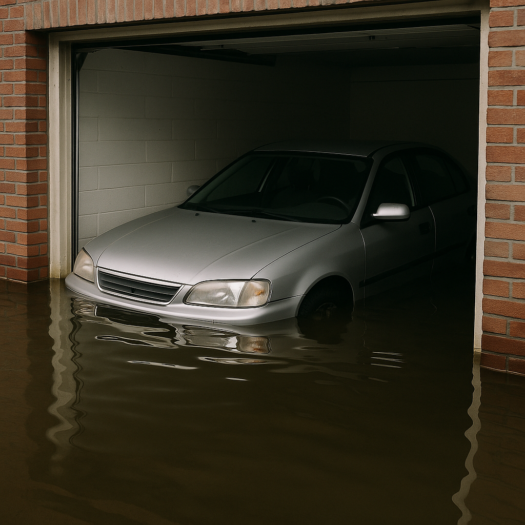 Ein Pkw steht halb unter Wasser in einer vollgelaufenen Garage – realistisches Beispiel für schwere Wasserschäden am Auto nach Rohrbruch oder Überflutung.