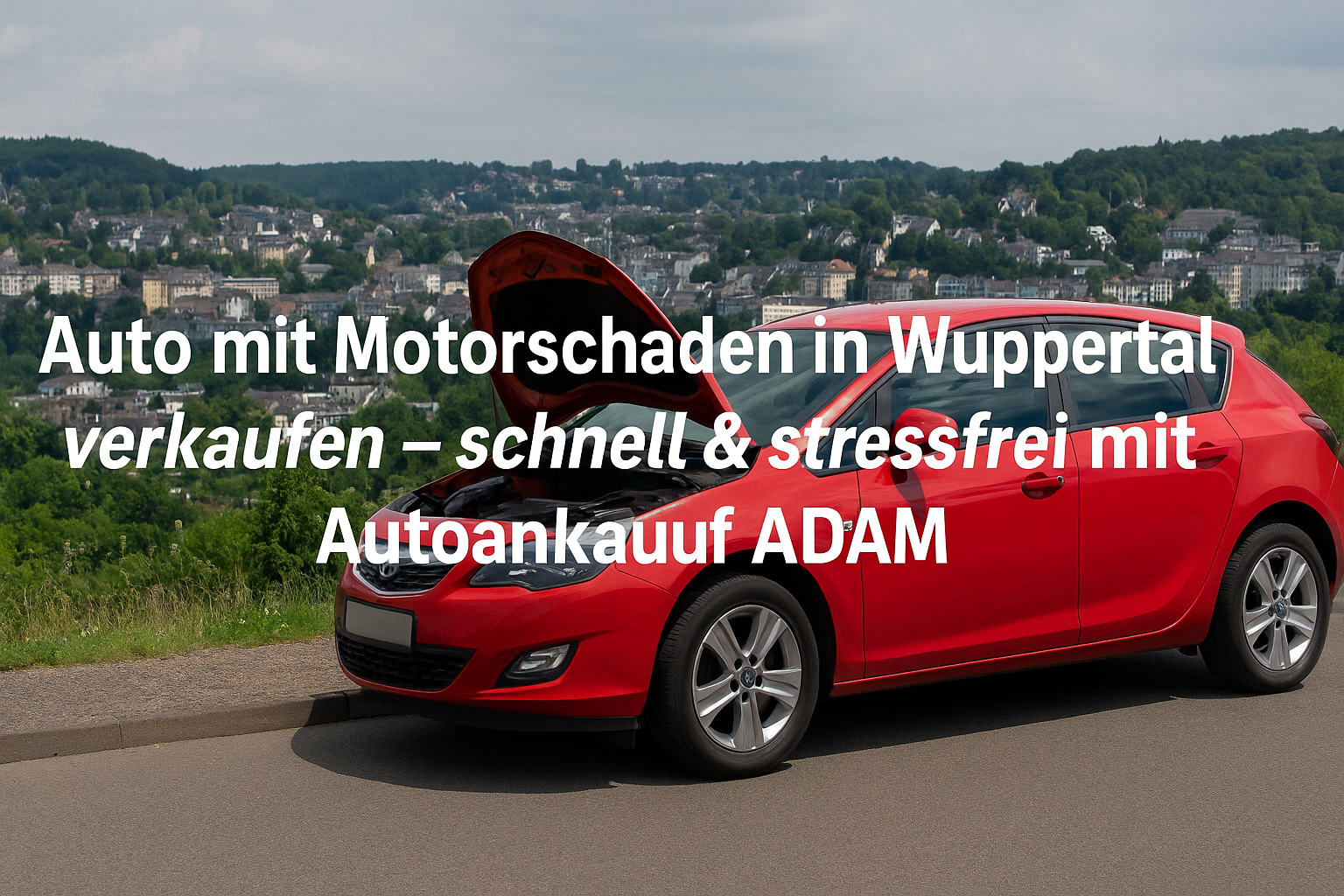 Auto mit Motorschaden auf einer Straße in Wuppertal, im Hintergrund die hügelige Stadtlandschaft. Ideal für Beiträge zum Autoverkauf bei Motorschäden.