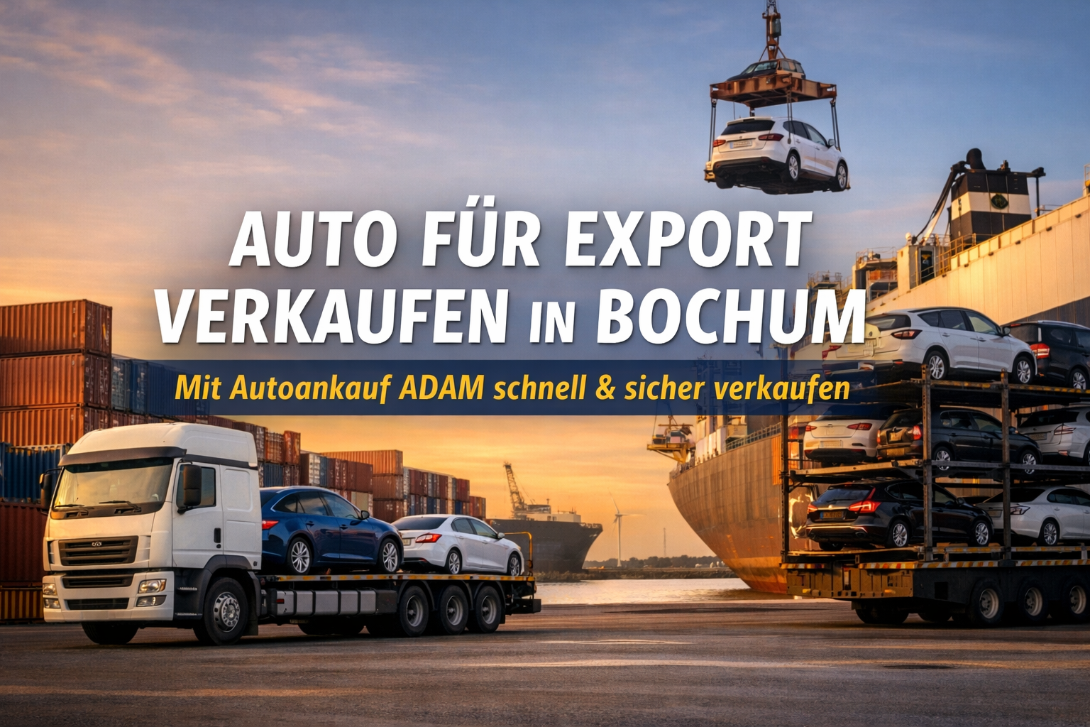 Auto für Export verkaufen in Bochum – Fahrzeugverladung im Hafen mit Hinweis auf schnellen Ankauf durch Autoankauf ADAM.