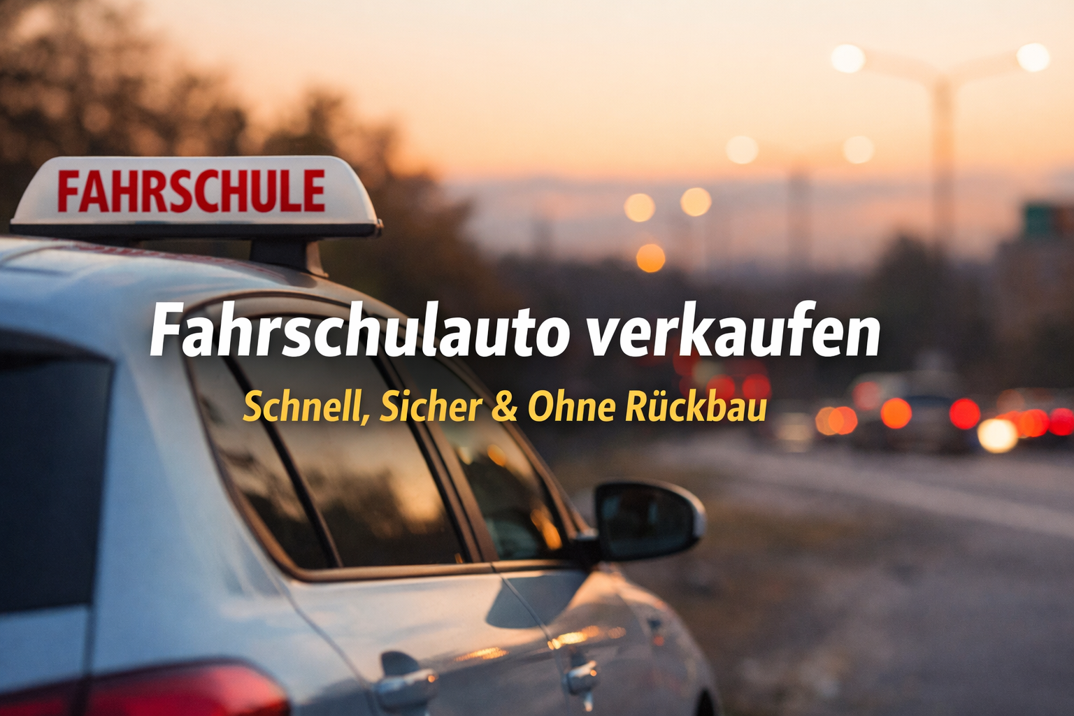 Fahrschulauto mit Dachaufsteller bei Sonnenuntergang – Hinweis auf schnellen Verkauf ohne Rückbau, auch mit Defekt.