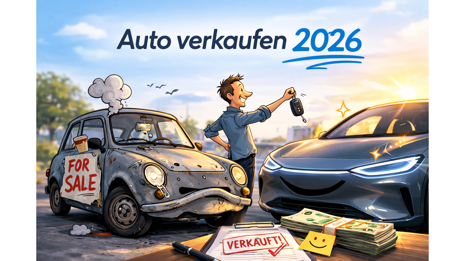 Illustration Auto verkaufen 2026 mit Schlüsselübergabe und verkauftem Auto