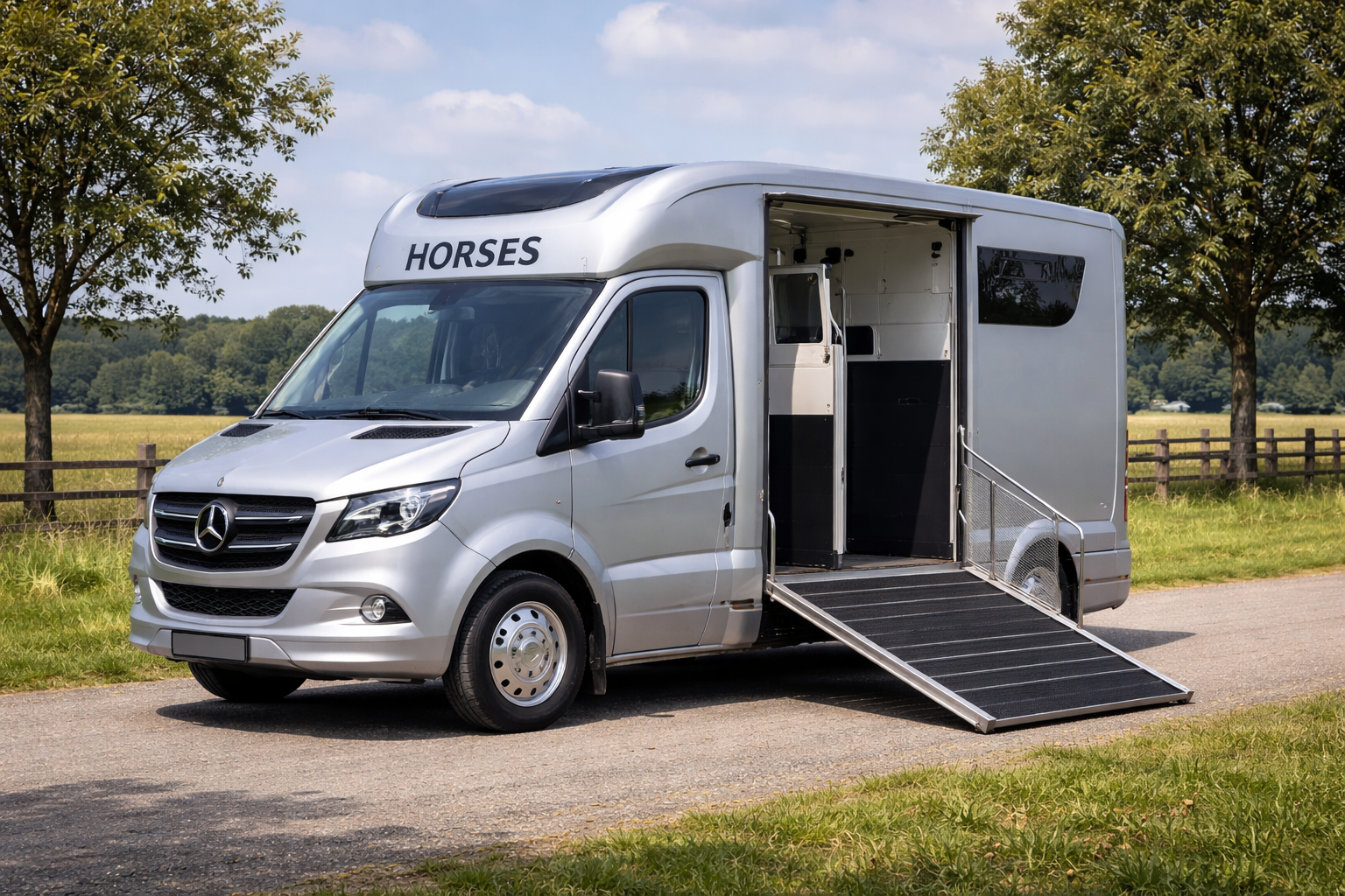 Kompakter Pferdetransporter für ein Pferd mit rutschfester Rampe und hellem Innenraum.