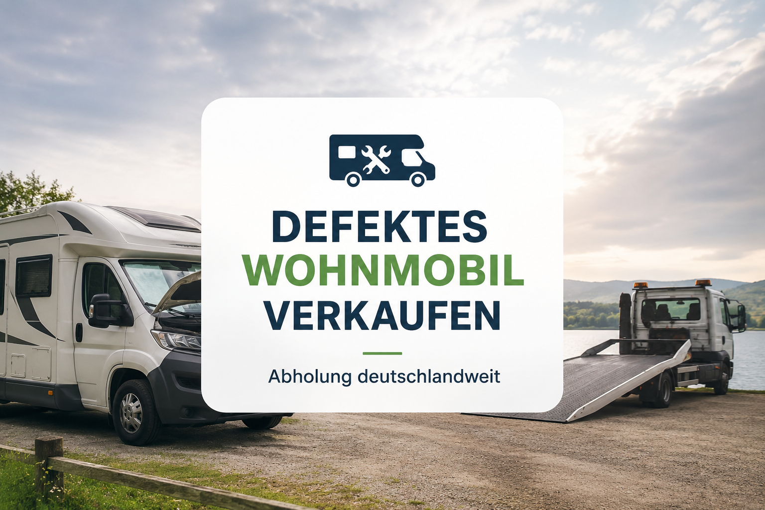 Defektes Wohnmobil auf einem Campingplatz mit Abschleppfahrzeug im Hintergrund. Deutschlandweite Abholung für den Wohnmobilankauf bei Schäden oder ohne TÜV.