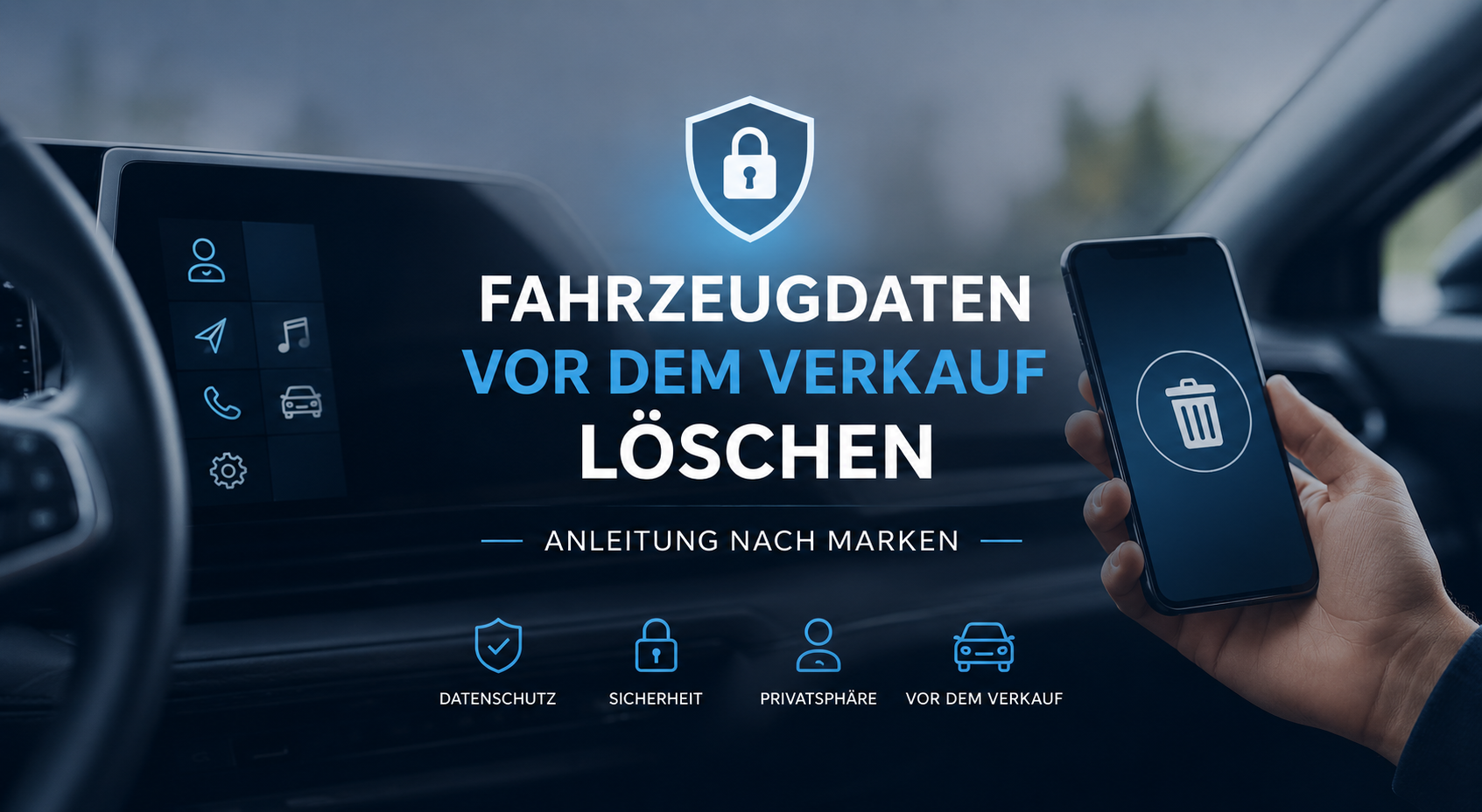 Modernes Auto-Cockpit mit Smartphone und Hinweis zum Löschen persönlicher Fahrzeugdaten vor dem Verkauf. Anleitung nach Marken.