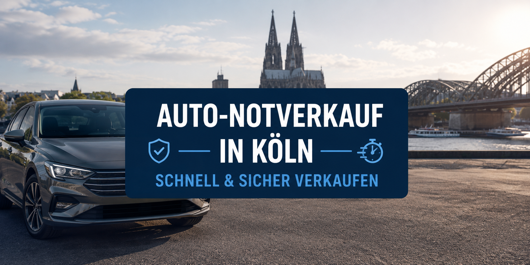 Modernes Auto vor der Kölner Skyline mit Dom und Hohenzollernbrücke – Symbolbild für einen schnellen und sicheren Auto-Notverkauf in Köln.