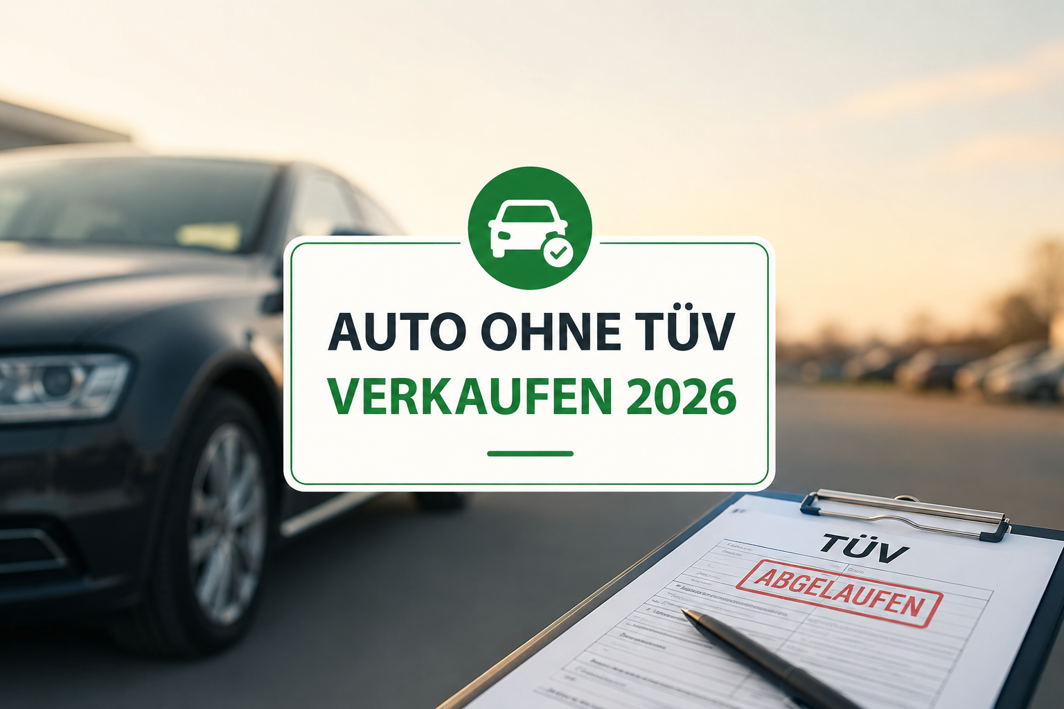 Auto ohne TÜV vor einem Autohandel mit abgelaufenem TÜV-Bericht und Hinweis auf den Fahrzeugverkauf 2026 ohne Reparatur.
