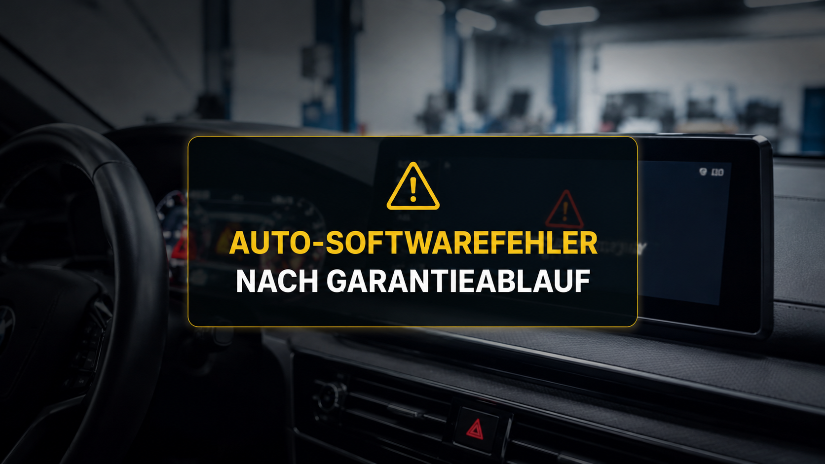 Modernes Fahrzeugcockpit mit digitalem Display und Warnsymbol. Das Bild veranschaulicht Softwarefehler und elektronische Defekte, die nach Ablauf der Herstellergarantie auftreten können.