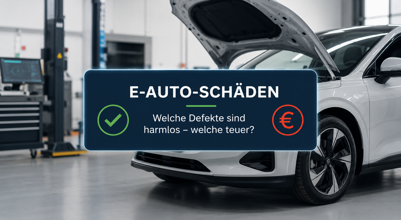 Modernes Elektroauto in einer Werkstatt mit geöffnetem Vorderwagen. Das Bild veranschaulicht typische E-Auto-Schäden und den Unterschied zwischen harmlosen Defekten und kostspieligen Reparaturen.