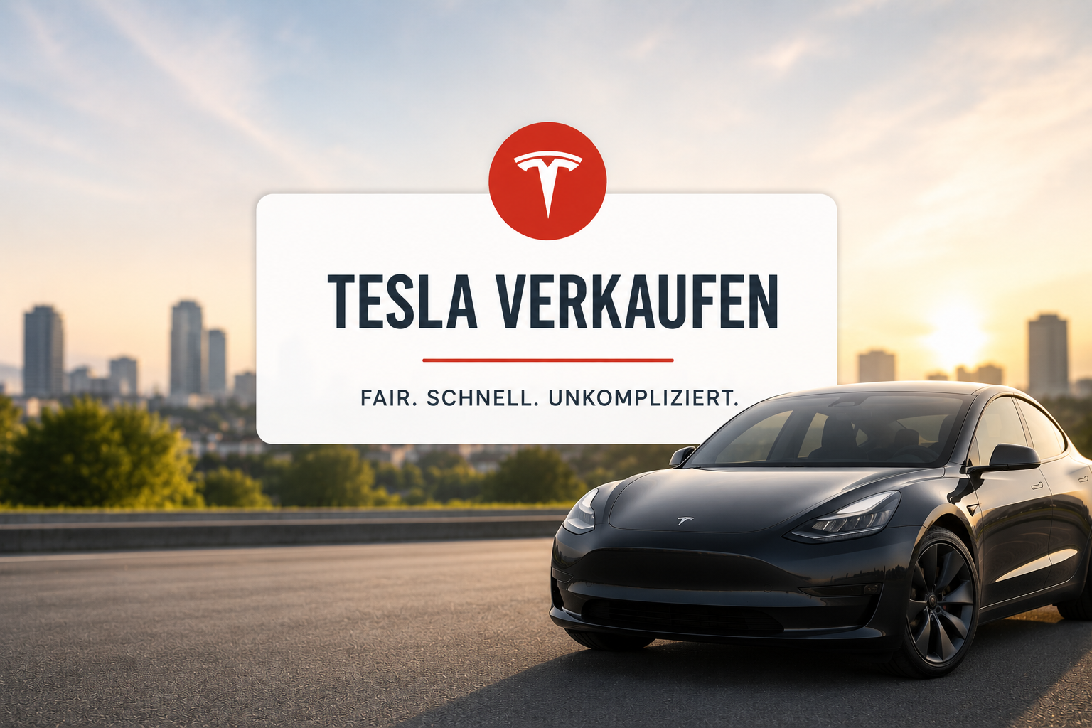 Moderner Tesla vor neutraler Stadtkulisse bei Sonnenuntergang. Symbolbild für den Verkauf eines Tesla mit Fokus auf Fahrzeugwert, Elektroauto-Ankauf und unkomplizierte Abwicklung.