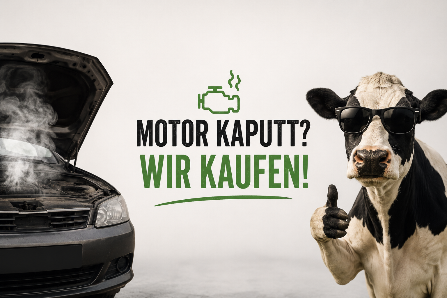 Humorvolles Motiv eines Autos mit Motorschaden in Mainz. Ein Fahrer lehnt ratlos am geöffneten Motorraum, während auf den schnellen und unkomplizierten Verkauf eines defekten Fahrzeugs hingewiesen wird.