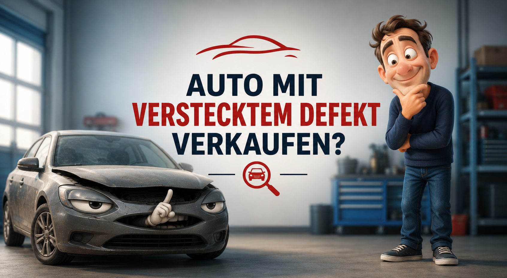 Humorvolle Illustration eines Autos mit verstecktem Defekt und nachdenklichem Käufer in einer Werkstatt. Symbolbild zum Ratgeber über den rechtssicheren Verkauf eines Fahrzeugs mit unbekannten oder versteckten Mängeln.