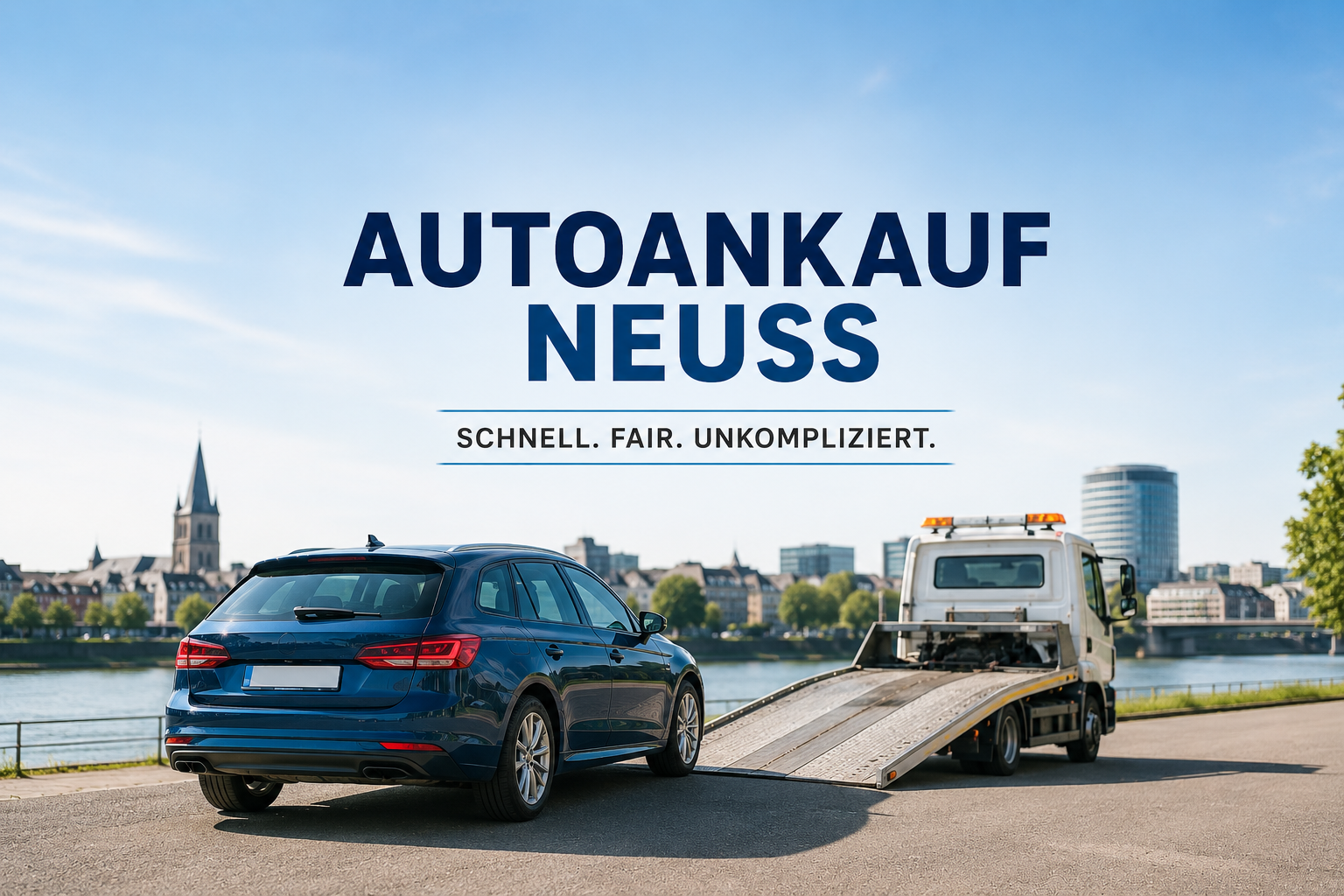 Moderner Pkw neben einem Abschleppwagen in heller städtischer Umgebung - Symbolbild für den professionellen Autoankauf in Neuss mit kostenloser Fahrzeugabholung.