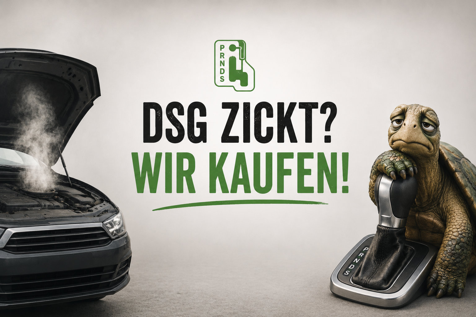 Humorvolles Bild eines Autos mit DSG-Getriebeschaden: Ein rauchendes Fahrzeug mit geöffneter Motorhaube steht neben einer müde wirkenden Schildkröte, die sich auf einen Automatik-Wählhebel stützt. Das Motiv symbolisiert Schaltprobleme und den Verkauf eines Fahrzeugs mit DSG-Defekt.