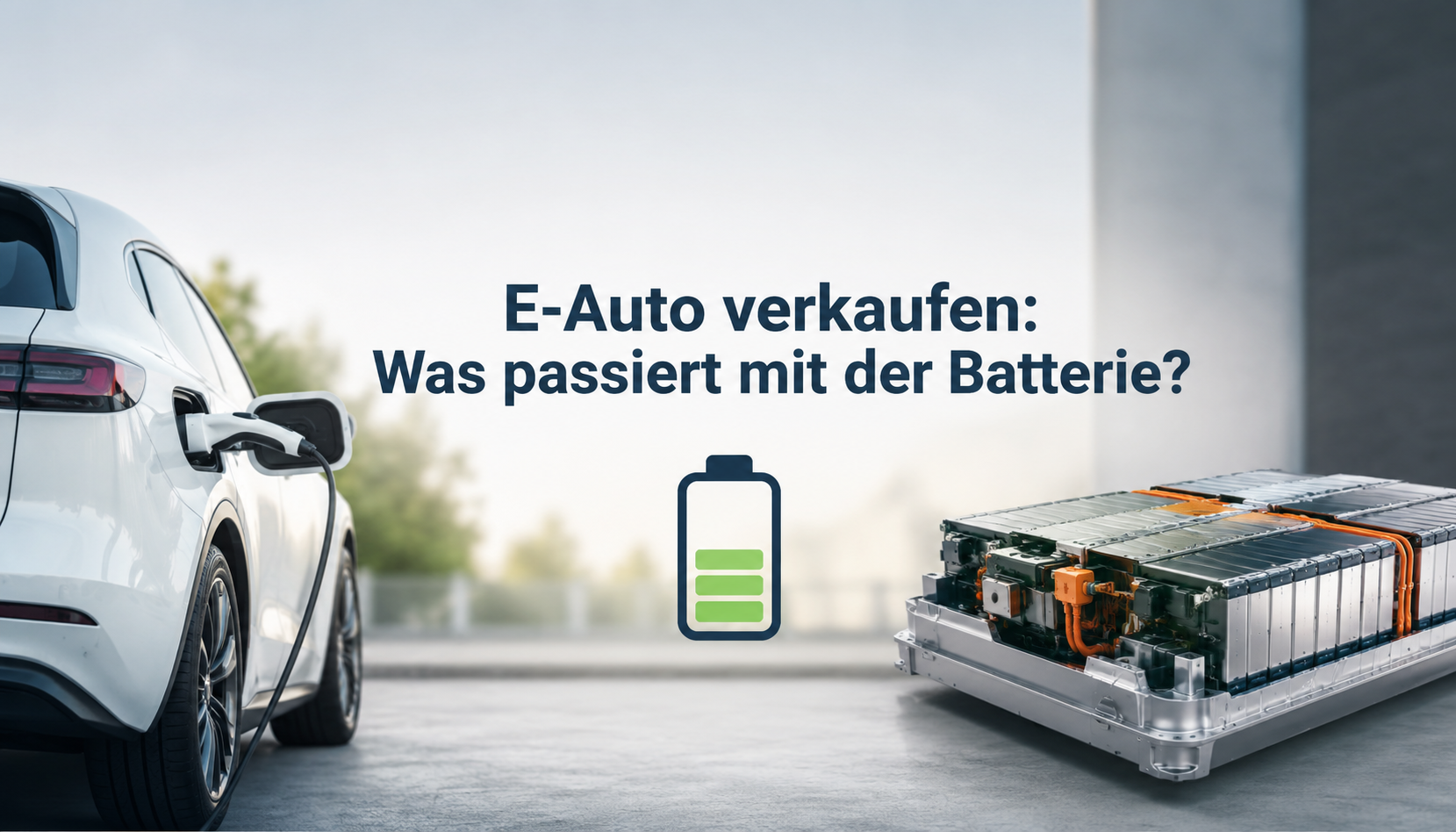 Weißes Elektroauto neben einer ausgebauten Hochvoltbatterie. Das Bild veranschaulicht, was mit der Batterie passiert, wenn ein E-Auto verkauft wird.