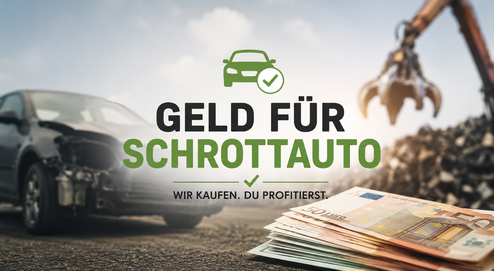 Beschädigtes Schrottauto auf einem Schrottplatz mit Geldscheinen als Symbol für den gewinnbringenden Verkauf eines alten Autos.