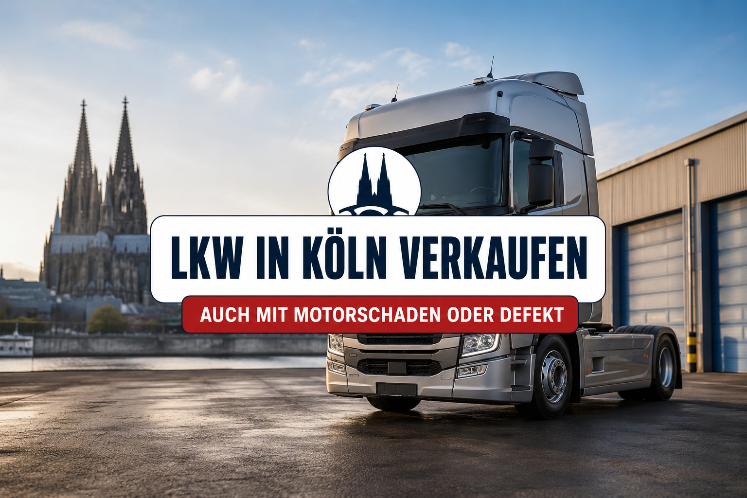 Moderner LKW vor der Kölner Skyline mit Hinweis auf den Ankauf von LKW mit Motorschaden oder Defekt durch Autoankauf ADAM.