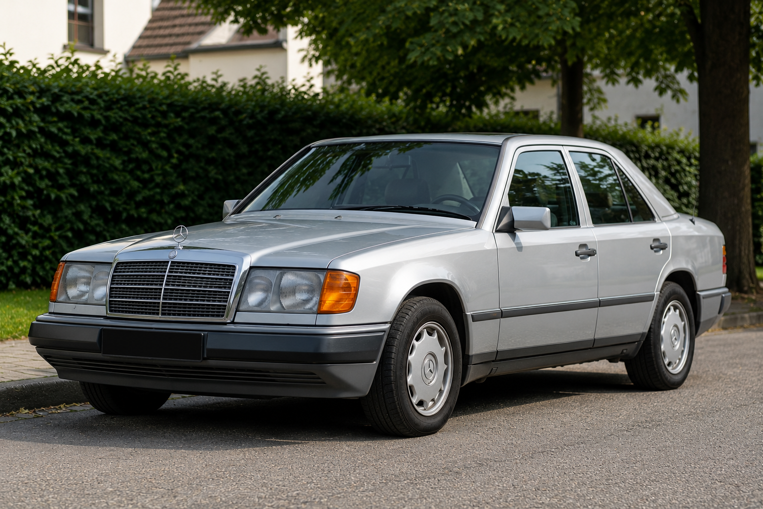 Silberner Mercedes W124 mit H-Kennzeichen in gepflegtem Zustand auf einer ruhigen Straße - Oldtimer für den Verkauf bei Autoankauf ADAM.
