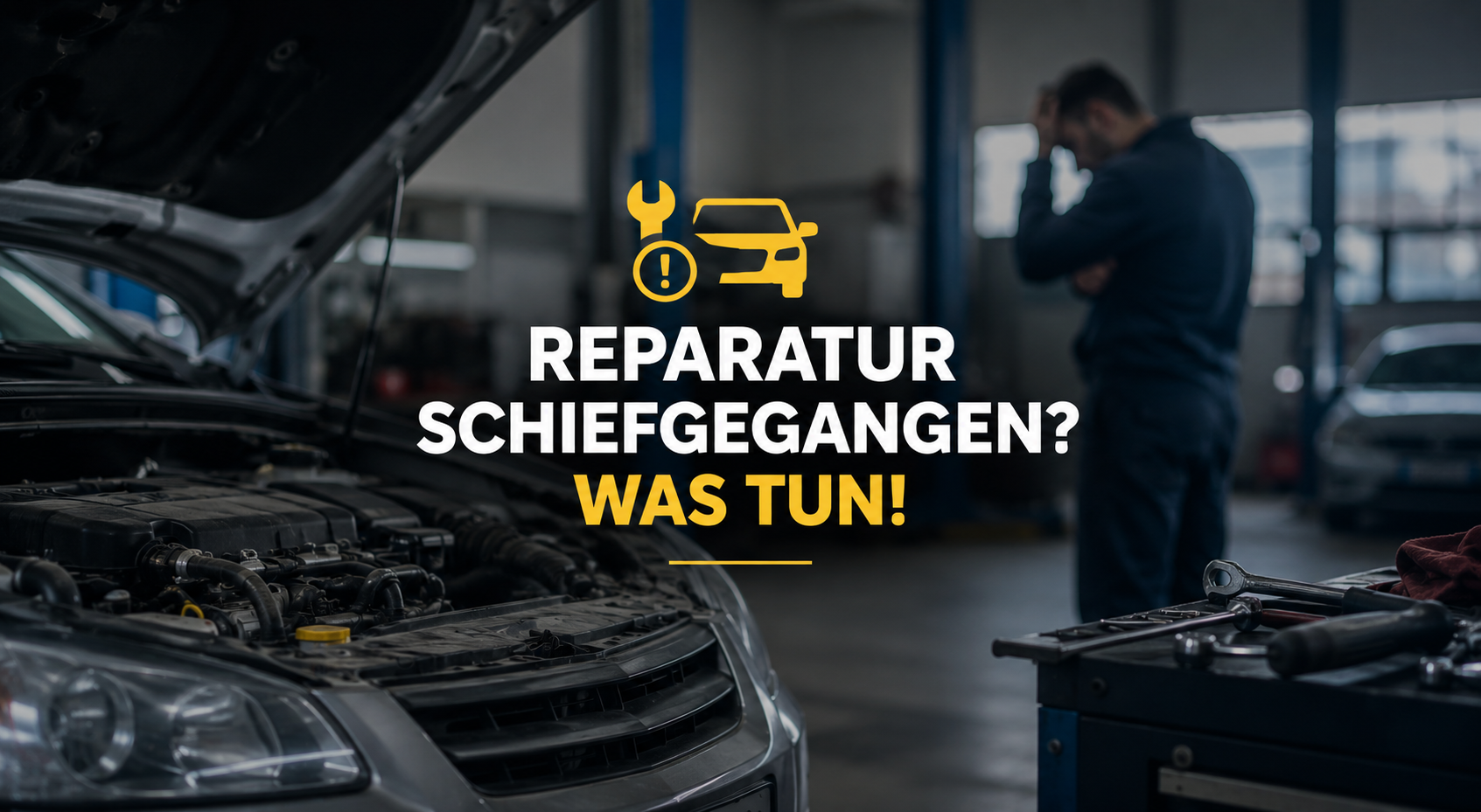 Geöffnete Motorhaube in einer Kfz-Werkstatt mit nachdenklichem Mechaniker im Hintergrund - Symbolbild für misslungene Autoreparaturen, Motorschäden und den richtigen Umgang mit Werkstattfehlern.