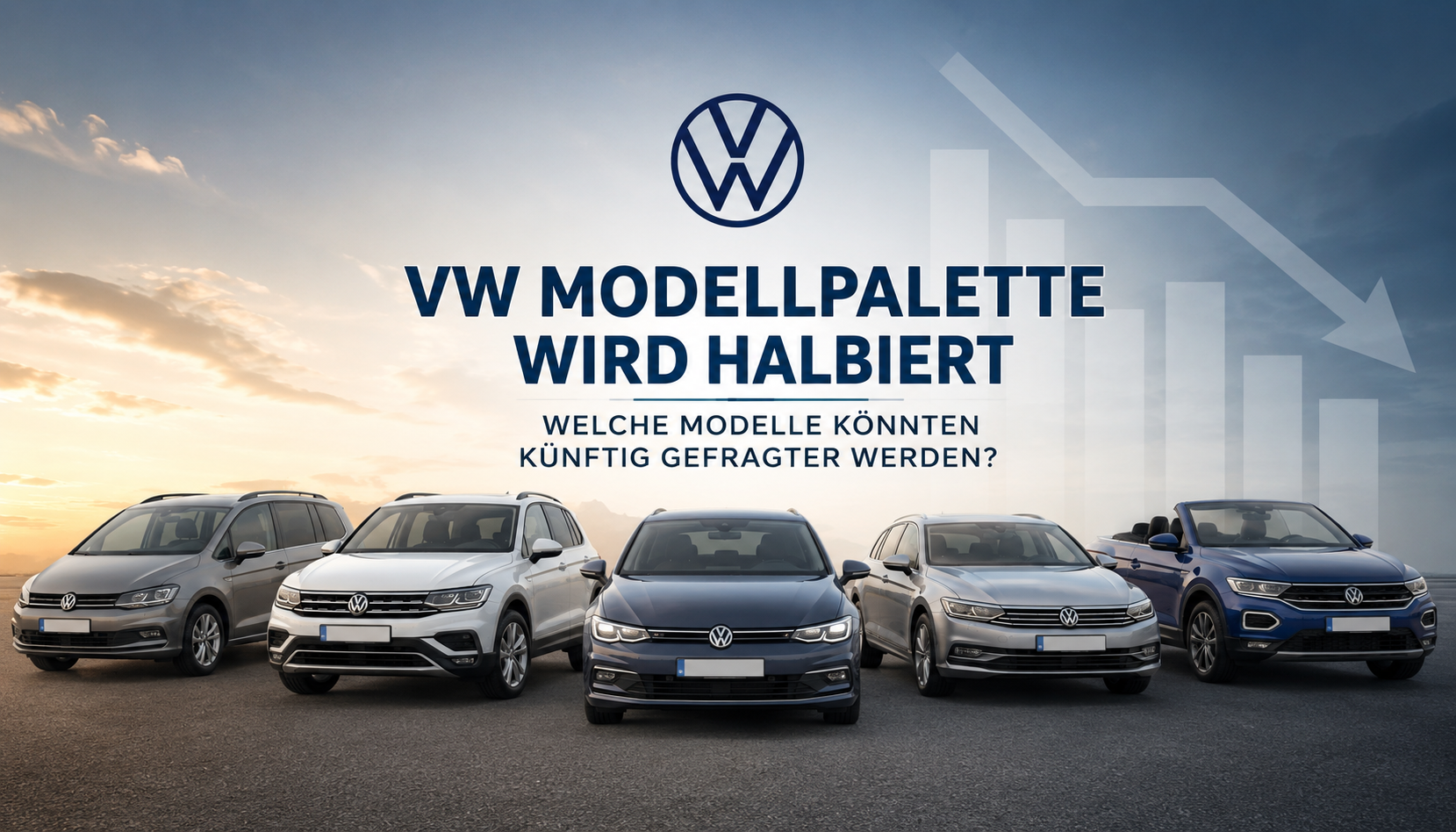 Mehrere Volkswagen-Modelle vor einem stilisierten Abwärtstrend mit der Überschrift „VW Modellpalette wird halbiert - Welche Modelle könnten künftig gefragter werden?“ als Symbolbild für die Auswirkungen der Modellreduzierung auf den Gebrauchtwagenmarkt.