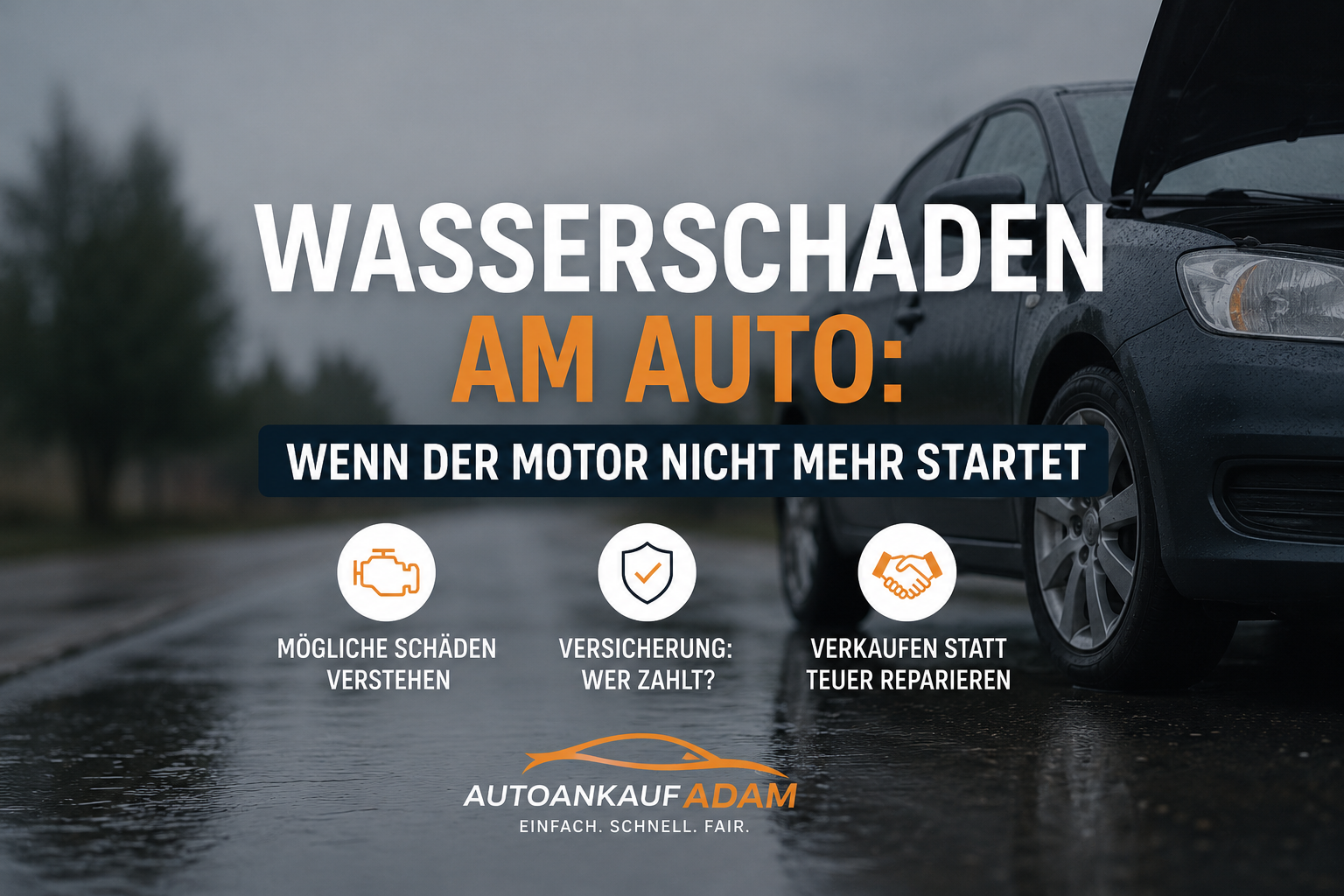 Modernes Auto mit geöffneter Motorhaube nach einem Wasserschaden auf nasser Straße. Symbolbild zum Thema Motor startet nach Wasserschaden nicht – Versicherung, Schäden und Fahrzeugverkauf.