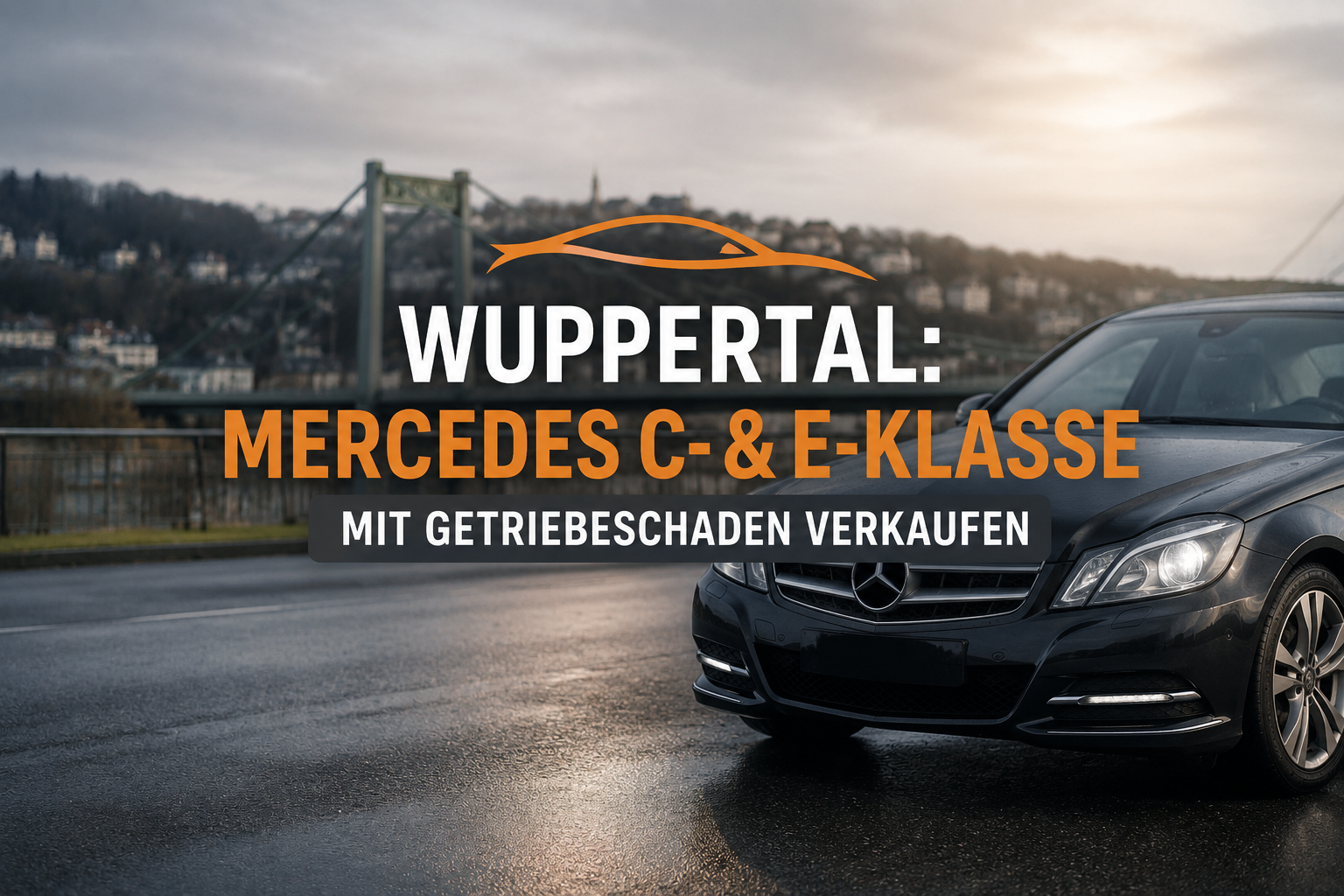 Schwarze Mercedes C- oder E-Klasse vor einer städtischen Kulisse in Wuppertal. Symbolbild für den Verkauf eines Mercedes mit Getriebeschaden inklusive kostenloser Fahrzeugbewertung und Abholung.
