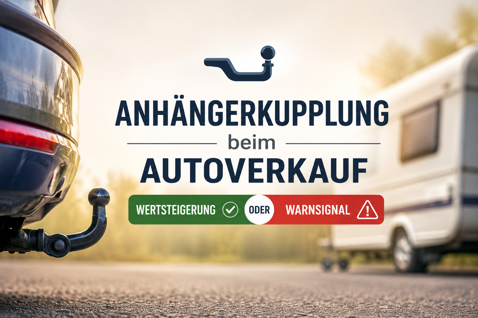 Auto mit Anhängerkupplung und Wohnwagen - Anhängerkupplung beim Autoverkauf als Wertsteigerung oder Warnsignal.