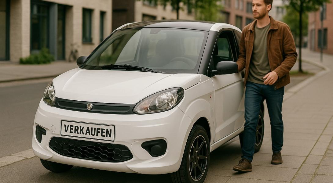 Modernes Mopedauto mit „Verkaufen“-Schild am Straßenrand – junger Mann steigt aus, urbaner Hintergrund. Perfekt für die Kategorie „Microcar verkaufen“.