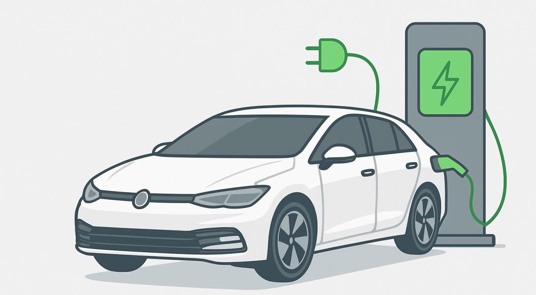 Weiße Elektro-Limousine an moderner Ladestation – Illustration zum Thema Elektroauto verkaufen bei Autoankauf ADAM.