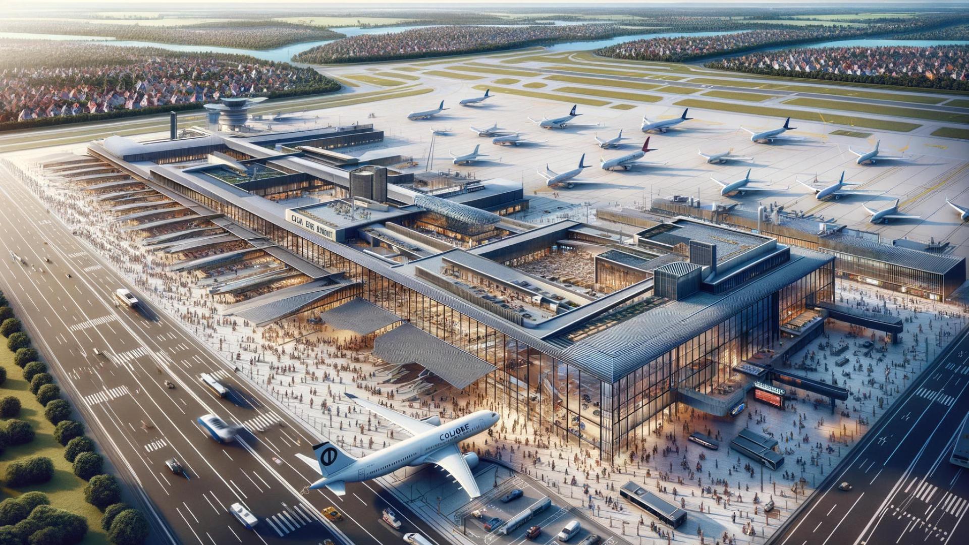 Eine detailgetreue Darstellung des Flughafens Köln/Bonn, Deutschland, im Seitenverhältnis 16:9. Das Bild fängt das geschäftige Treiben auf dem Flughafence