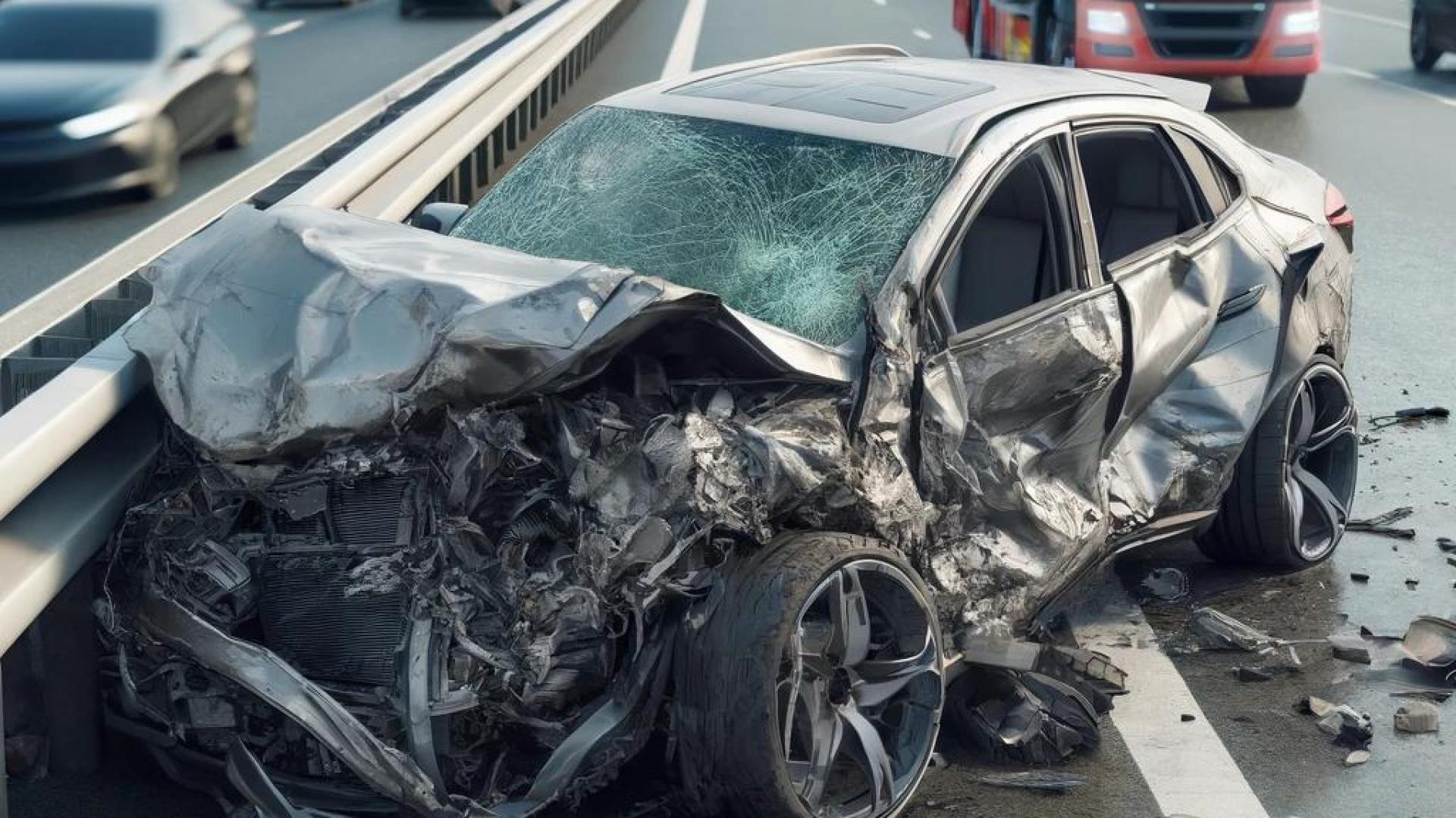 Das Bild vom Fahrzeug mit Totalschaden auf der Autobahn