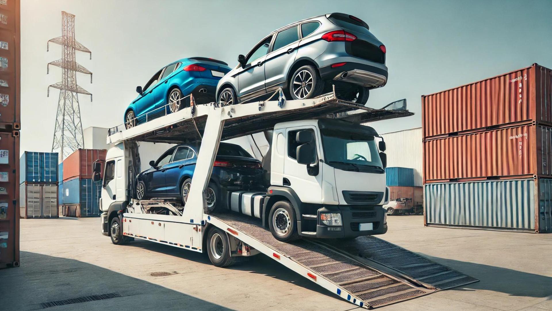 Das Bild zeigt einen Autotransporter-Lkw mit zwei Fahrzeugen, die auf der Ladefläche transportiert werden. 