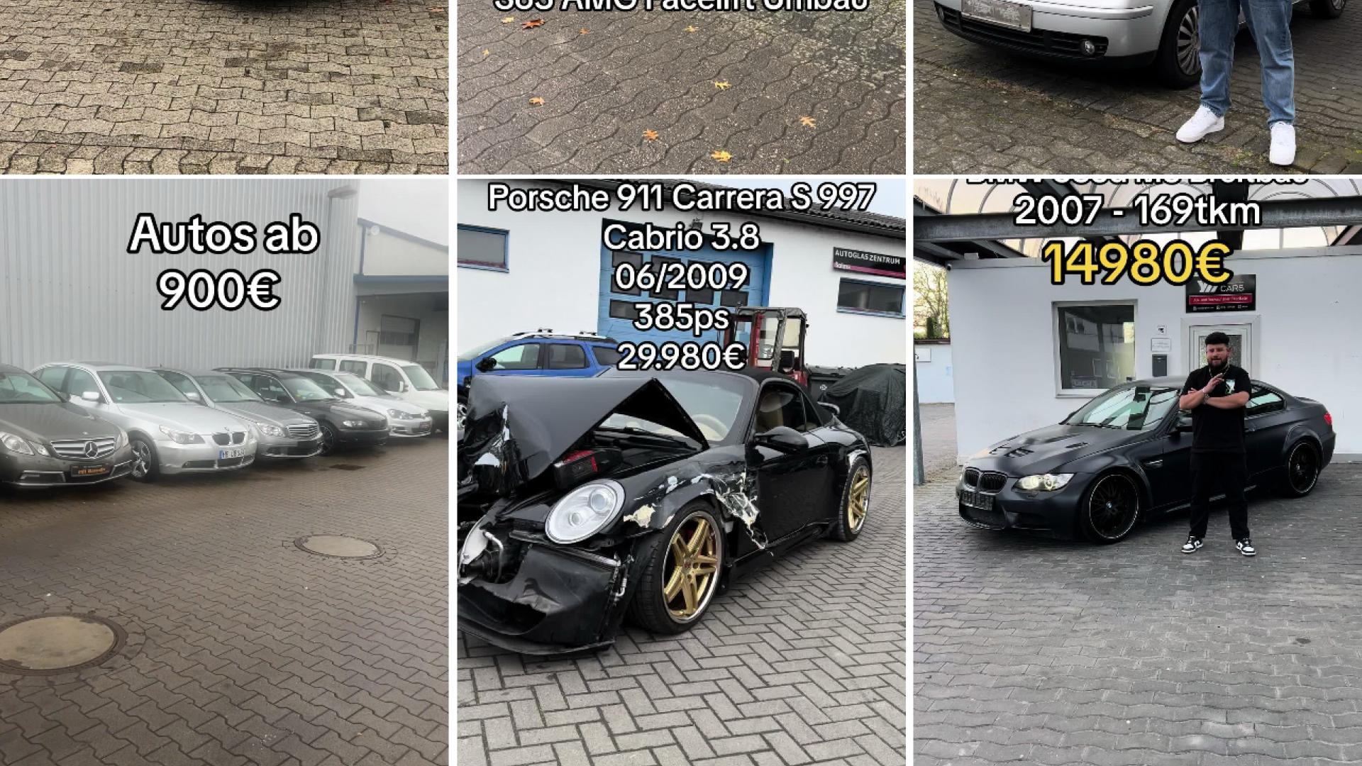TikTok-Screenshot der Ergebnisse für den Hashtag "#autoverkauf" mit 4709 Beiträgen. Die gezeigten Videos beinhalten Bilder von verschiedenen Autos, deren Baujahre, Kilometerstände und Verkaufspreise angezeigt werden. Zu sehen sind Fahrzeuge wie ein BMW für 2500€, ein S63 AMG für 8999€, ein VW Polo für 500€, ein Porsche 911 Carrera S mit einem Unfall für 29.980€, sowie weitere Autos ab 900€. Am unteren Rand befindet sich der Button "Schließe dich diesem Hashtag an".
