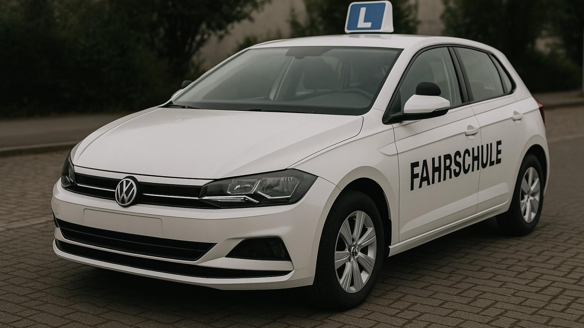 Weißer VW Polo als Fahrschulauto mit ‚Fahrschule‘-Aufdruck und Dachschild – modernes Fahrschulfahrzeug für den Fahrunterricht.